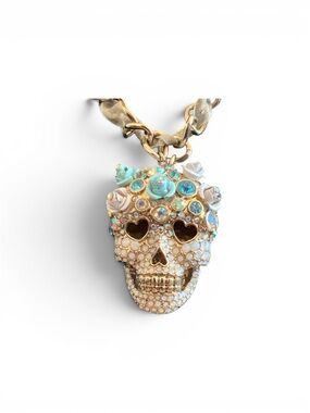 Betsey Johnson Gold Skull Pendant Necklace w  Crystal Flowers-that grill!!